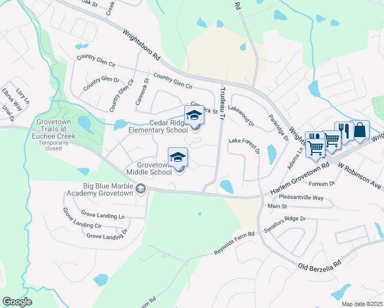 map of restaurants, bars, coffee shops, grocery stores, and more near 5463 Harlem Grovetown Road in Grovetown