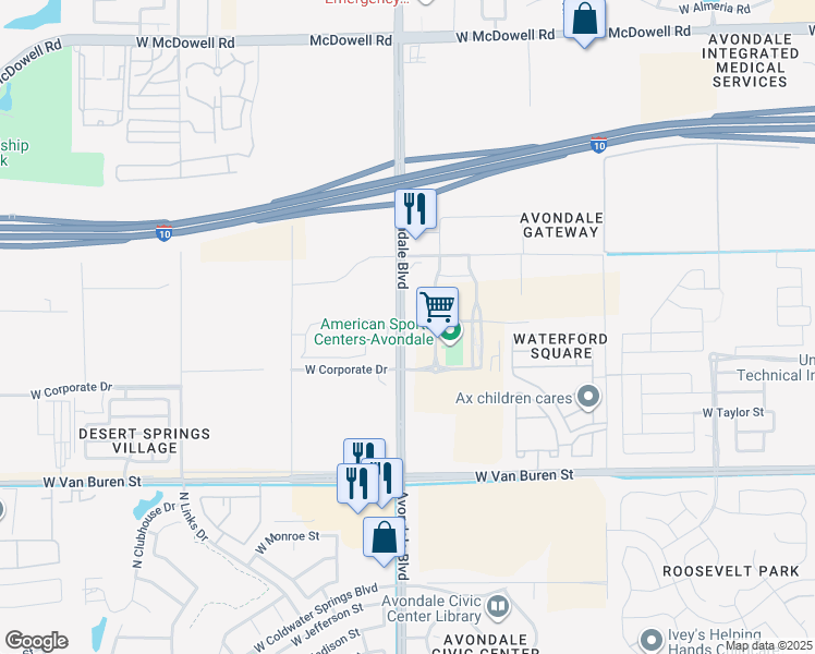 map of restaurants, bars, coffee shops, grocery stores, and more near 801 Avondale Boulevard in Avondale