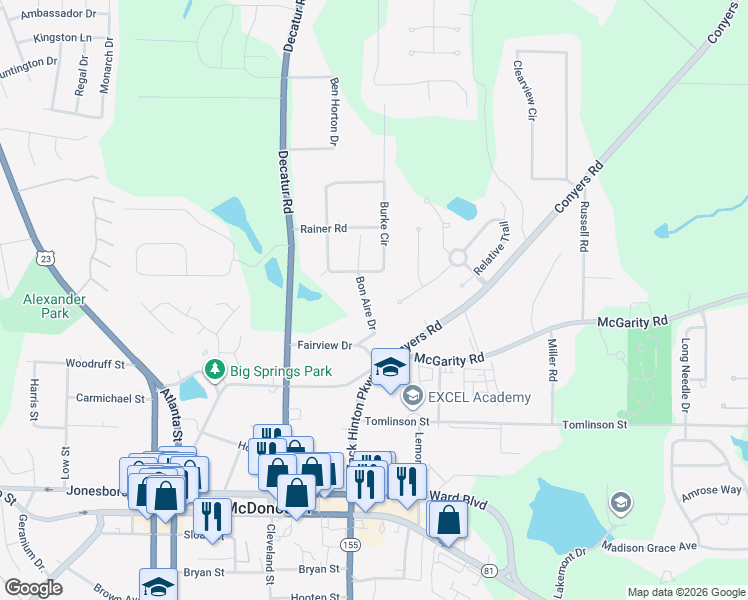 map of restaurants, bars, coffee shops, grocery stores, and more near 153 Bon Aire Drive in McDonough