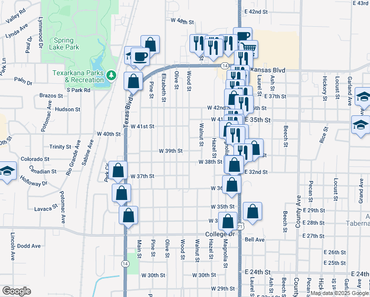 map of restaurants, bars, coffee shops, grocery stores, and more near 3902 Olive Street in Texarkana