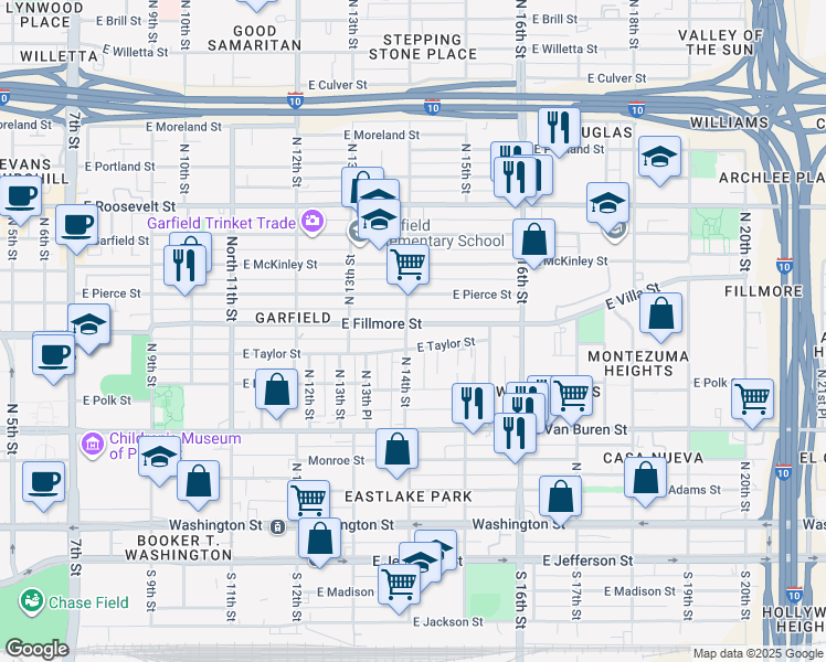 map of restaurants, bars, coffee shops, grocery stores, and more near 1413 East Fillmore Street in Phoenix