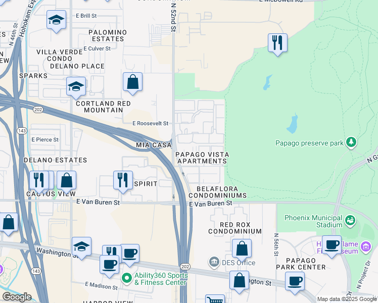 map of restaurants, bars, coffee shops, grocery stores, and more near 600 North 53rd Street in Phoenix