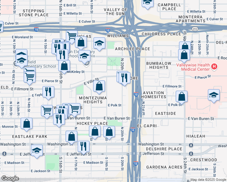map of restaurants, bars, coffee shops, grocery stores, and more near 500 North 20th Street in Phoenix