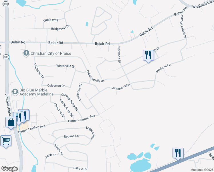 map of restaurants, bars, coffee shops, grocery stores, and more near 3209 Lexington Way in Augusta