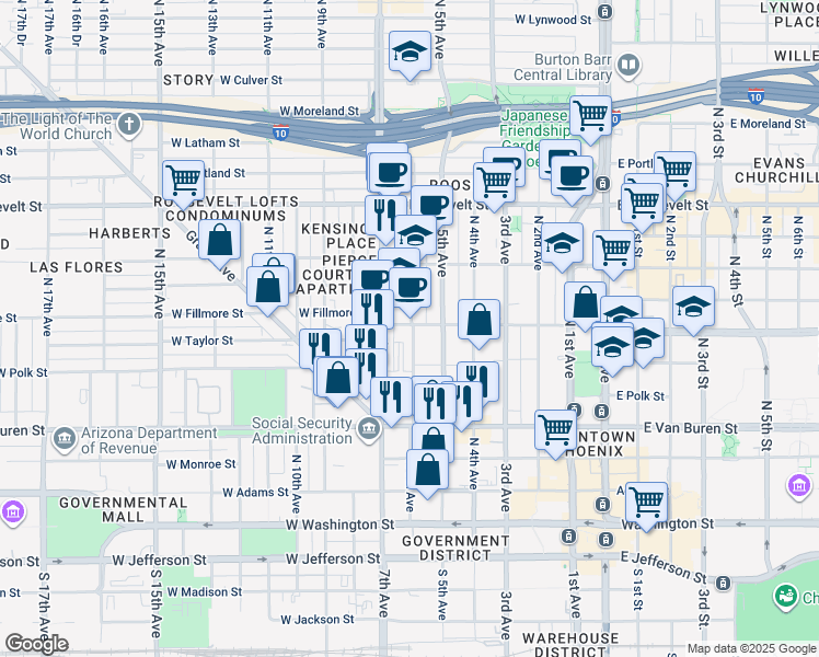 map of restaurants, bars, coffee shops, grocery stores, and more near 390 North 6th Avenue in Phoenix