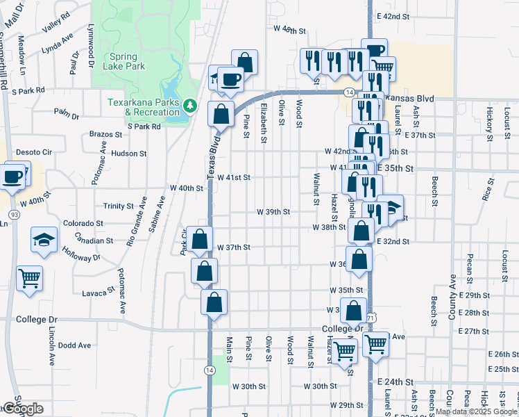 map of restaurants, bars, coffee shops, grocery stores, and more near 3901 Elizabeth Street in Texarkana
