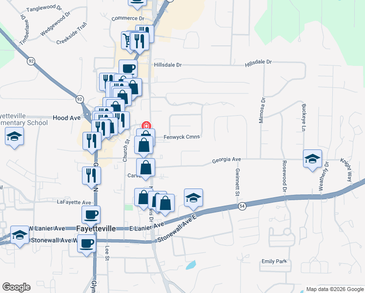map of restaurants, bars, coffee shops, grocery stores, and more near 255 Pine Circle in Fayetteville