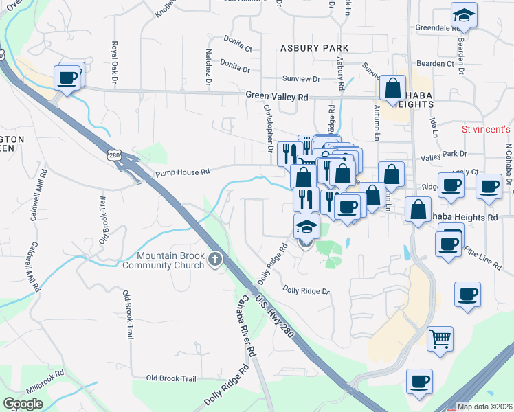 map of restaurants, bars, coffee shops, grocery stores, and more near 4302 Dolly Ridge Lane in Vestavia Hills