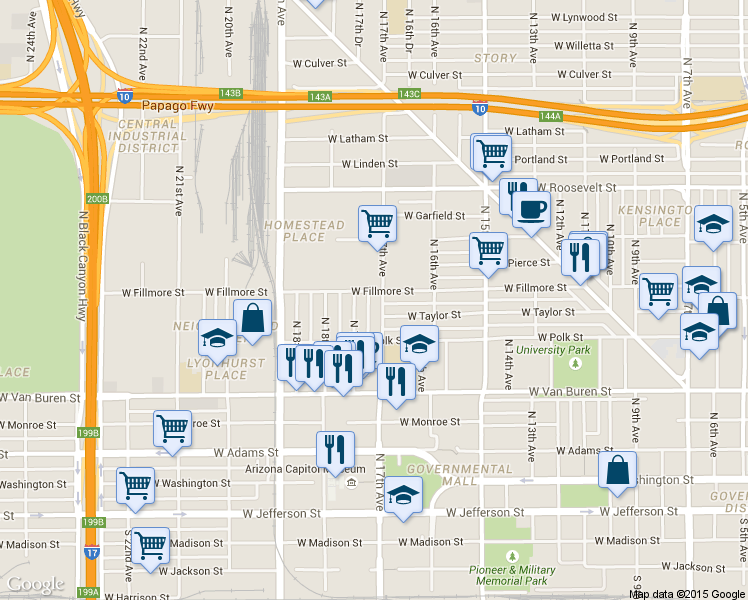 map of restaurants, bars, coffee shops, grocery stores, and more near 434 North 17th Avenue in Phoenix