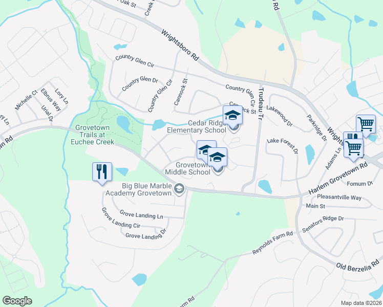 map of restaurants, bars, coffee shops, grocery stores, and more near 2019 Darwood Drive in Grovetown