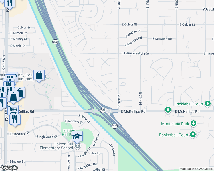 map of restaurants, bars, coffee shops, grocery stores, and more near 7523 East Kael Circle in Mesa