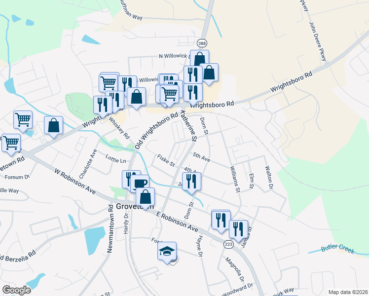 map of restaurants, bars, coffee shops, grocery stores, and more near 647 Dobhill Lane in Grovetown