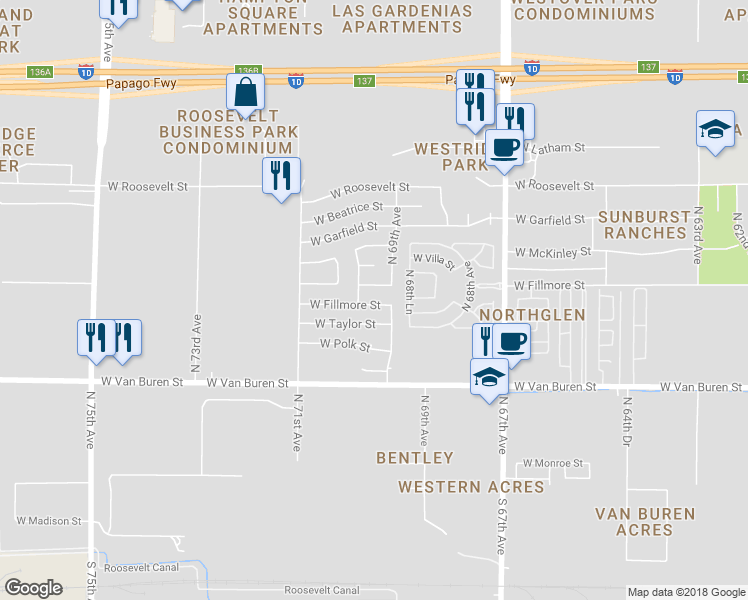 map of restaurants, bars, coffee shops, grocery stores, and more near 6920 West Fillmore Street in Phoenix