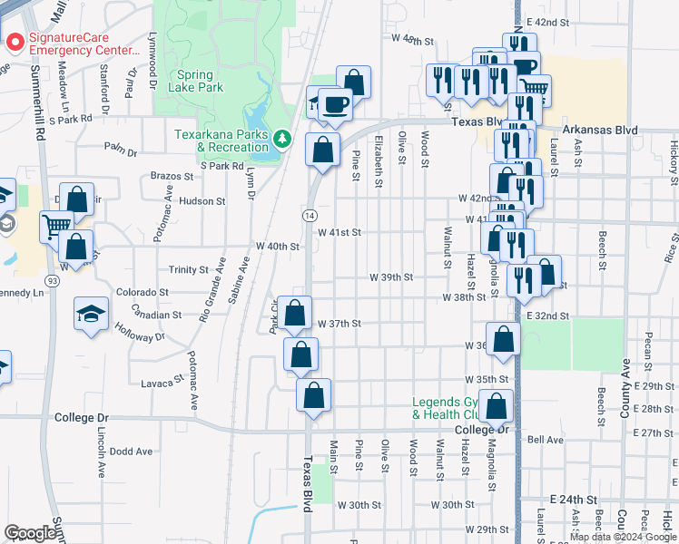 map of restaurants, bars, coffee shops, grocery stores, and more near 3902 Main Street in Texarkana