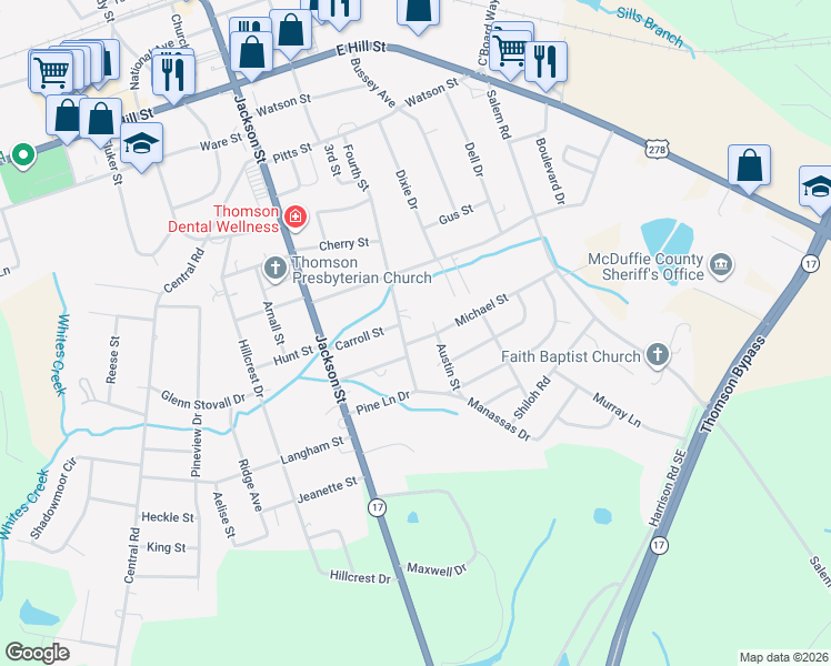 map of restaurants, bars, coffee shops, grocery stores, and more near 300 Michael Street in Thomson
