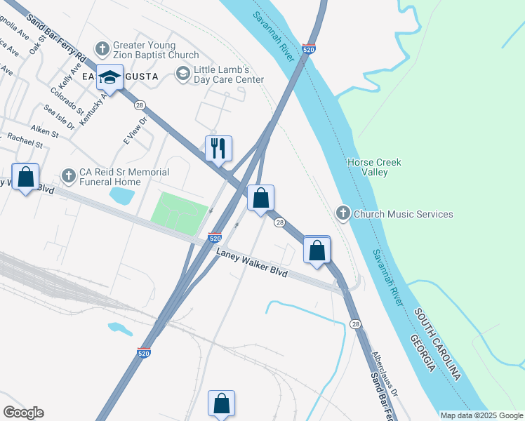 map of restaurants, bars, coffee shops, grocery stores, and more near 1 Columbia Nitrogen Drive in Augusta
