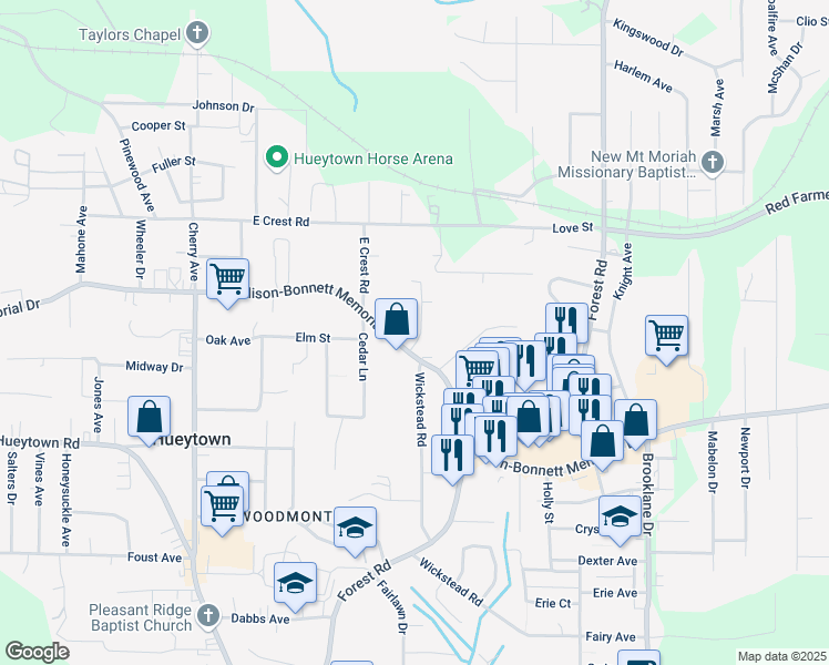 map of restaurants, bars, coffee shops, grocery stores, and more near 105 Huey Lane in Bessemer