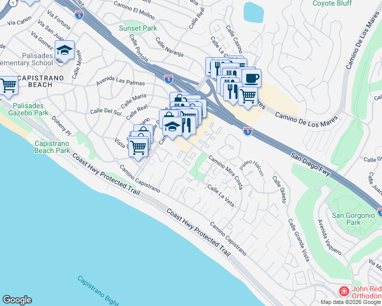 map of restaurants, bars, coffee shops, grocery stores, and more near 351 Plaza Estival in San Clemente