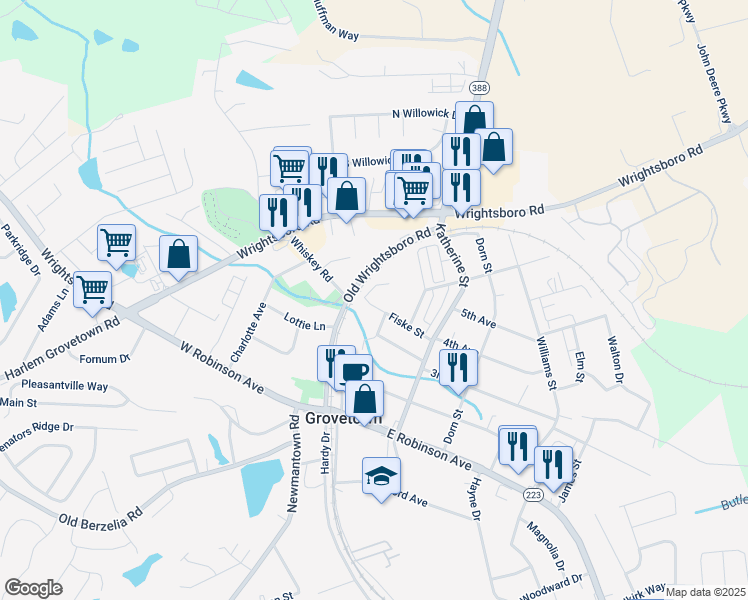 map of restaurants, bars, coffee shops, grocery stores, and more near 304 Fiske Street in Grovetown