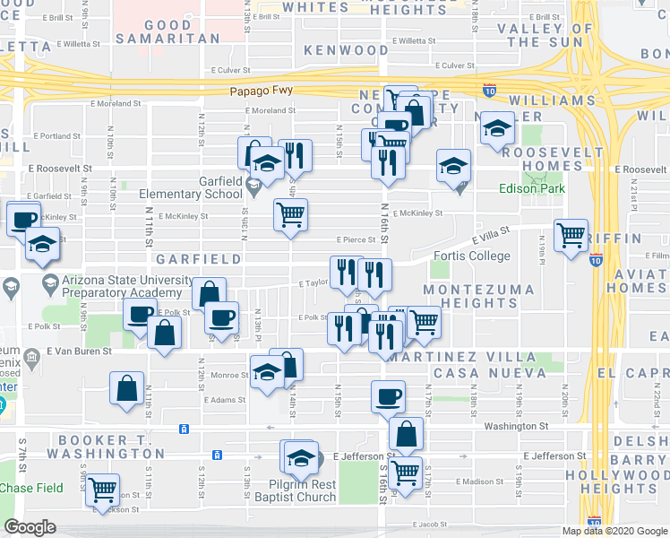 map of restaurants, bars, coffee shops, grocery stores, and more near 1449 East Fillmore Street in Phoenix