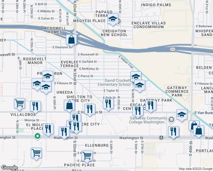 map of restaurants, bars, coffee shops, grocery stores, and more near 3405 East Fillmore Street in Phoenix