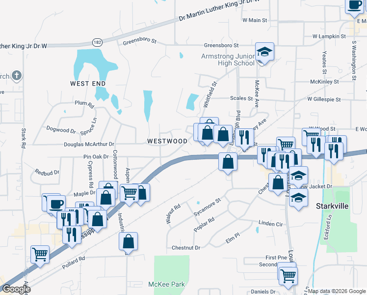 map of restaurants, bars, coffee shops, grocery stores, and more near 753 Whitfield Street in Starkville