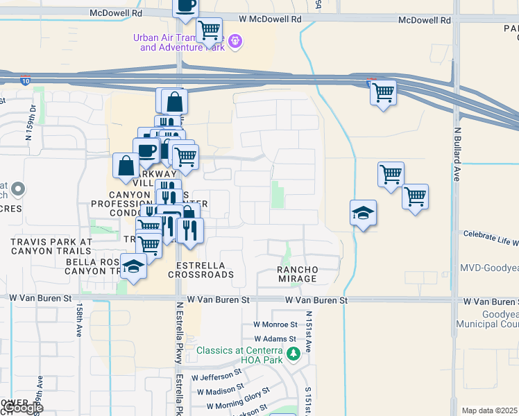 map of restaurants, bars, coffee shops, grocery stores, and more near 695 North 152nd Drive in Goodyear