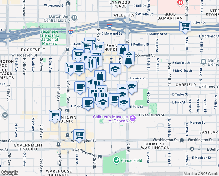 map of restaurants, bars, coffee shops, grocery stores, and more near 602 N 5th St in Phoenix