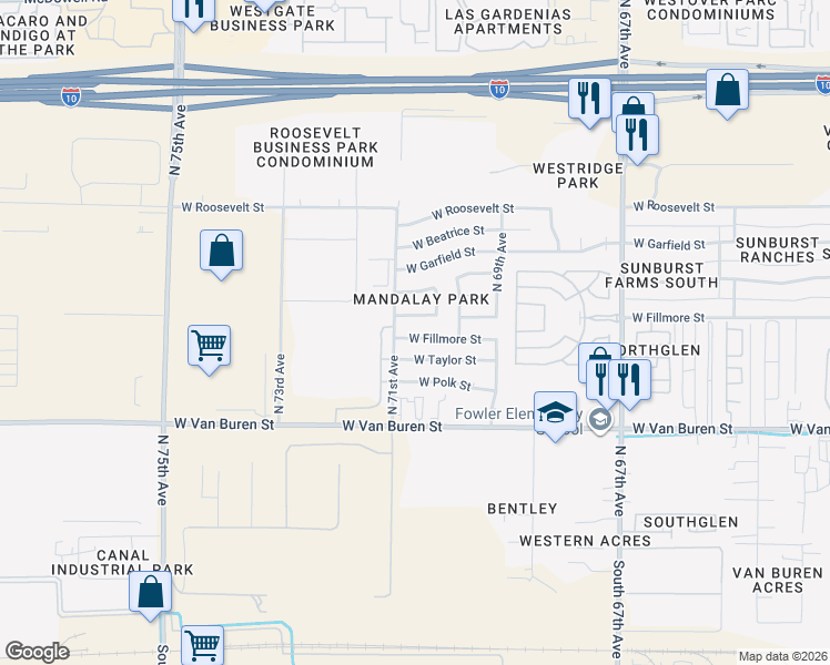 map of restaurants, bars, coffee shops, grocery stores, and more near 7056 West Fillmore Street in Phoenix