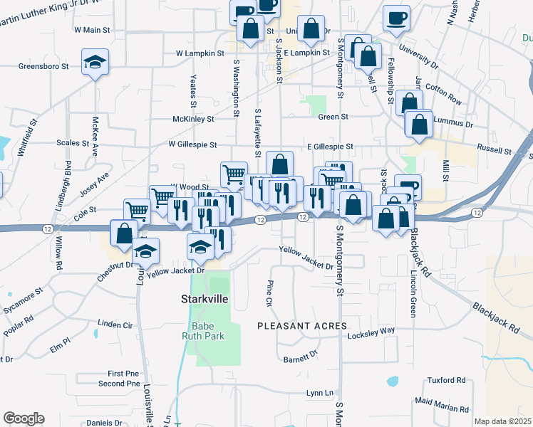 map of restaurants, bars, coffee shops, grocery stores, and more near 106 Route 12 in Starkville
