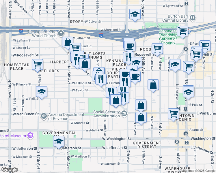 map of restaurants, bars, coffee shops, grocery stores, and more near 501 West Granada Road in Phoenix