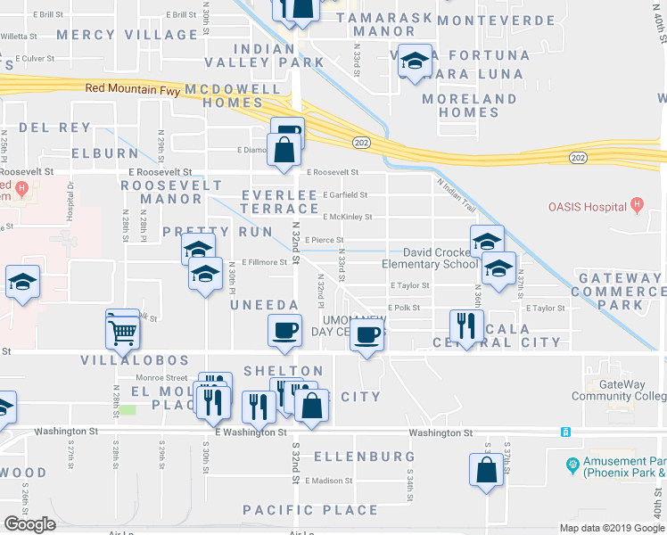 map of restaurants, bars, coffee shops, grocery stores, and more near 3243 East Fillmore Street in Phoenix