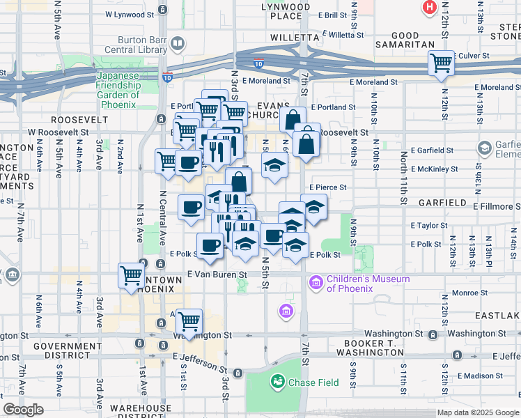 map of restaurants, bars, coffee shops, grocery stores, and more near 602 North 5th Street in Phoenix