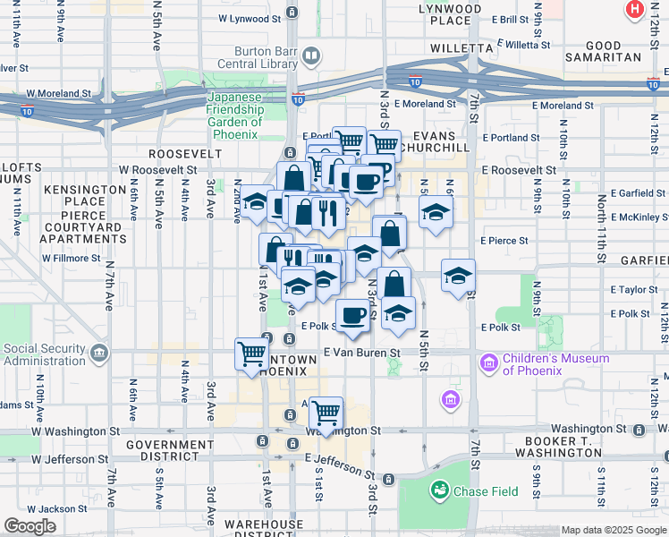 map of restaurants, bars, coffee shops, grocery stores, and more near 600 North 1st Street in Phoenix