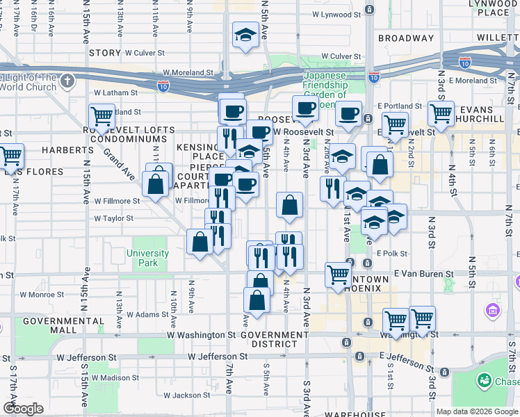map of restaurants, bars, coffee shops, grocery stores, and more near 378 North 5th Avenue in Phoenix