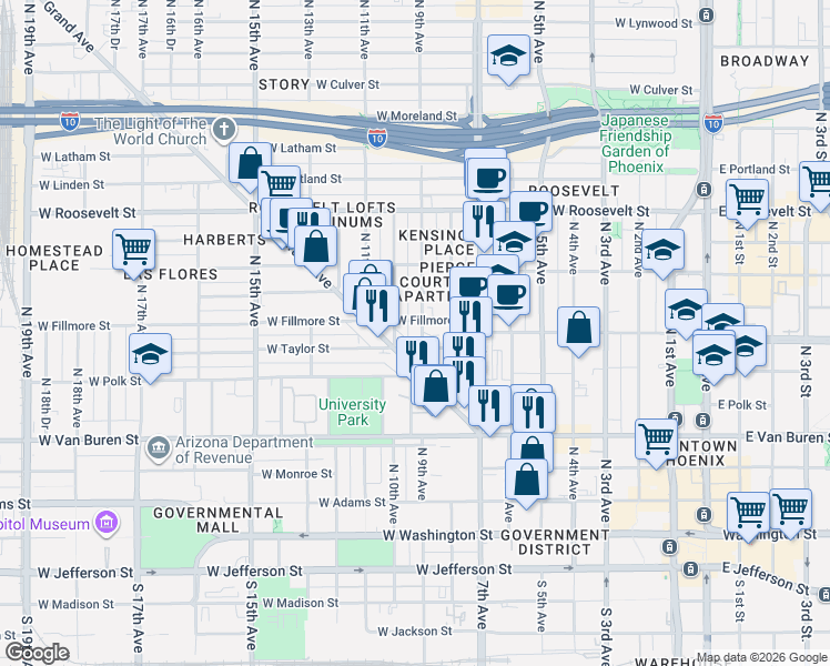 map of restaurants, bars, coffee shops, grocery stores, and more near 501 North 9th Avenue in Phoenix
