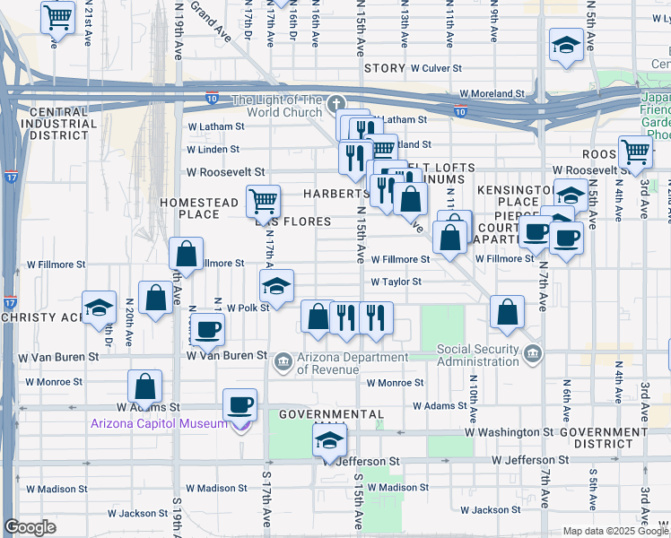 map of restaurants, bars, coffee shops, grocery stores, and more near 1514 West Taylor Street in Phoenix