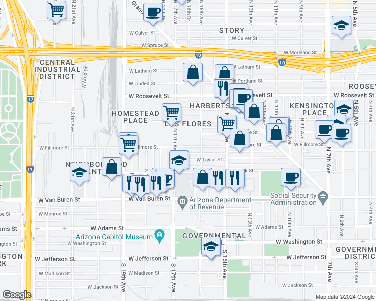 map of restaurants, bars, coffee shops, grocery stores, and more near in Phoenix