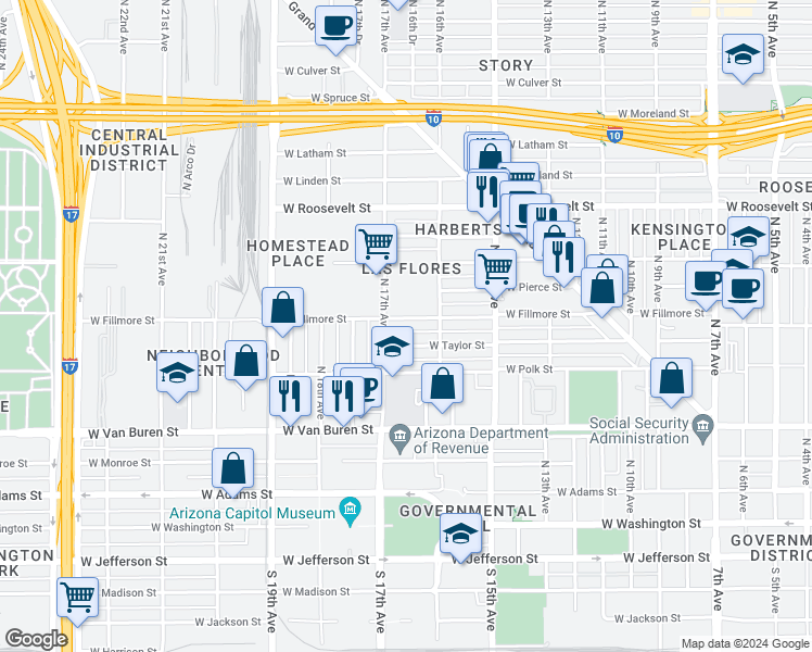 map of restaurants, bars, coffee shops, grocery stores, and more near in Phoenix