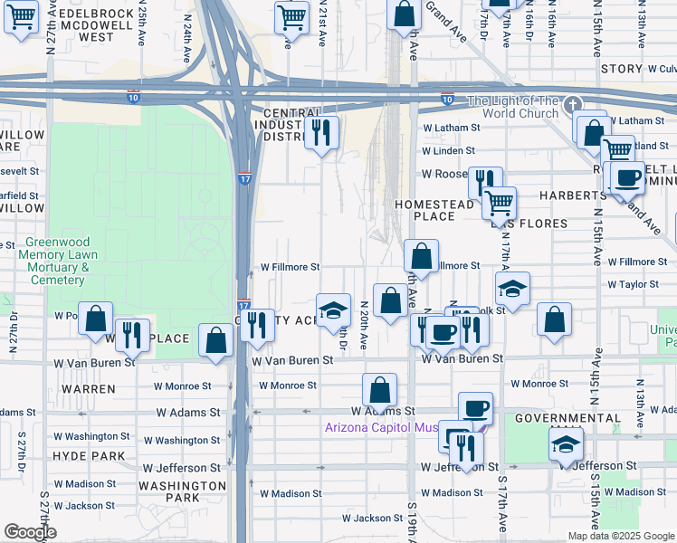 map of restaurants, bars, coffee shops, grocery stores, and more near 389 North 21st Avenue in Phoenix