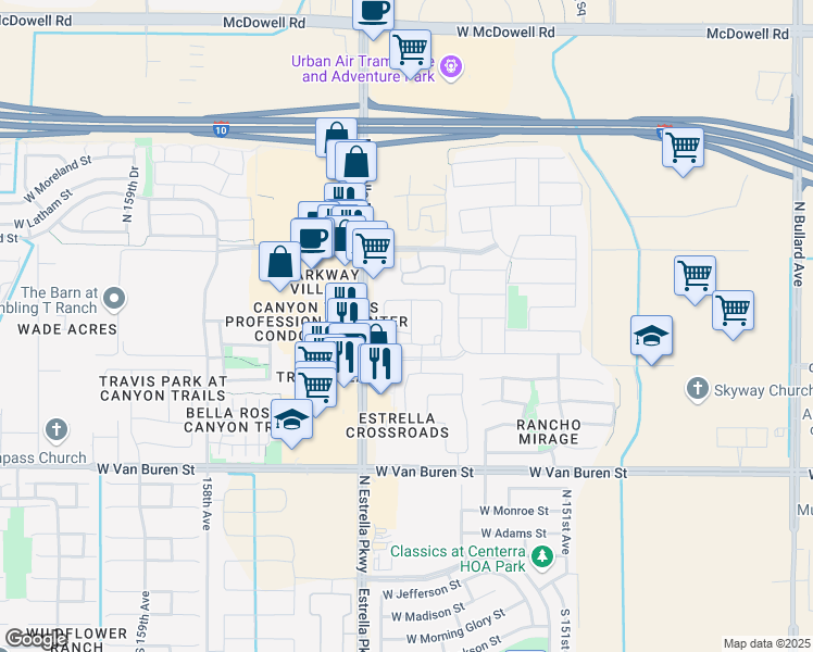 map of restaurants, bars, coffee shops, grocery stores, and more near 15380 Fillmore Street in Goodyear