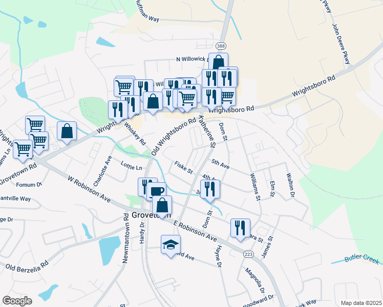 map of restaurants, bars, coffee shops, grocery stores, and more near 101 Booker Street in Grovetown