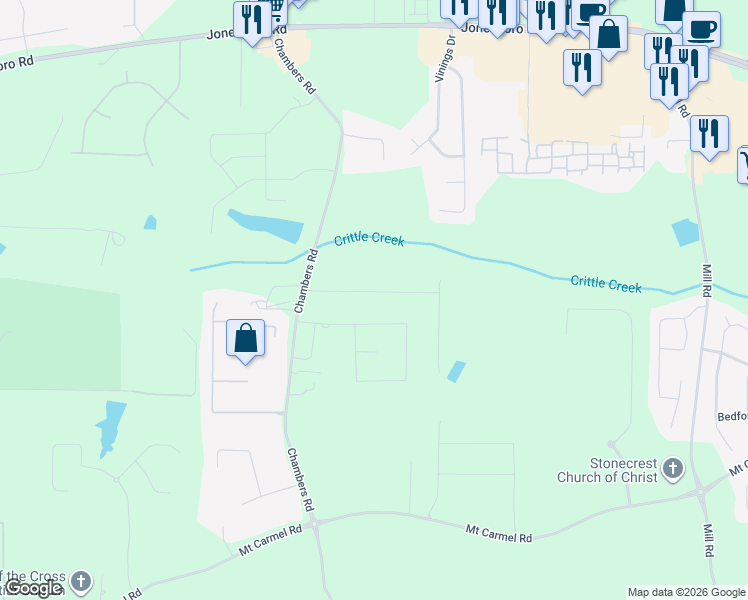 map of restaurants, bars, coffee shops, grocery stores, and more near 128 Telfair Lane in McDonough