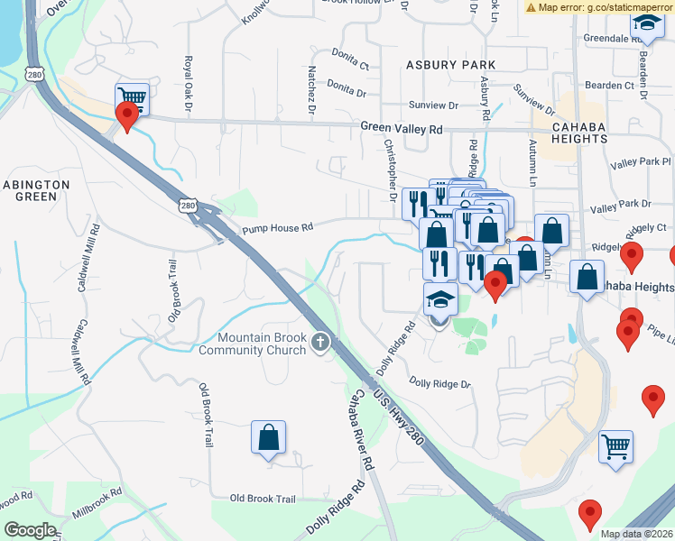 map of restaurants, bars, coffee shops, grocery stores, and more near 3003 Dolly Ridge Drive in Vestavia Hills