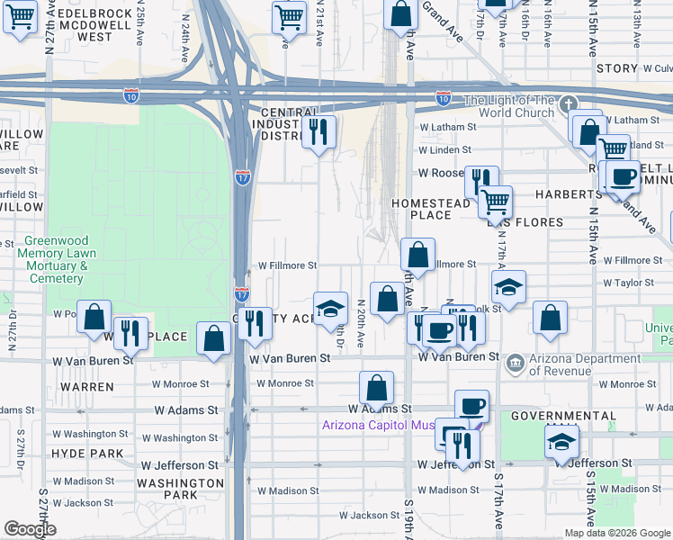 map of restaurants, bars, coffee shops, grocery stores, and more near 398 North 20th Drive in Phoenix