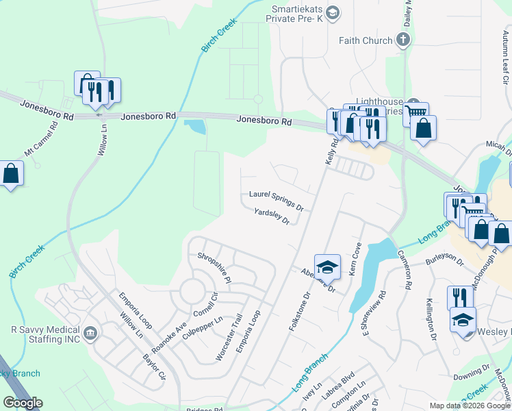 map of restaurants, bars, coffee shops, grocery stores, and more near 234 Yardsley Drive in McDonough