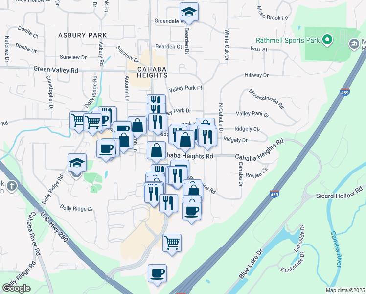 map of restaurants, bars, coffee shops, grocery stores, and more near 3242 Cahaba Heights Road in Vestavia Hills