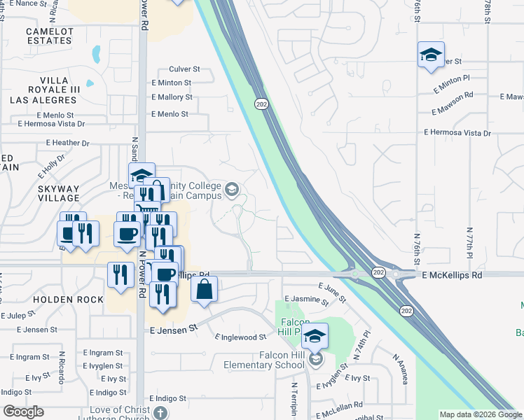 map of restaurants, bars, coffee shops, grocery stores, and more near Ironwood Circle in Mesa