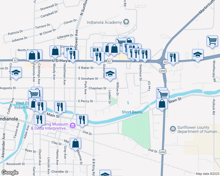 map of restaurants, bars, coffee shops, grocery stores, and more near 701 Chapman Street in Indianola