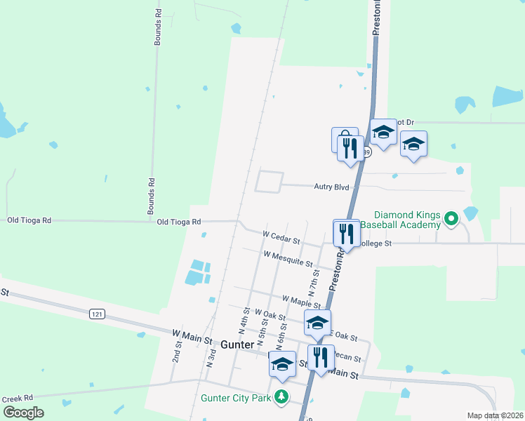 map of restaurants, bars, coffee shops, grocery stores, and more near 610 North 4th Street in Gunter